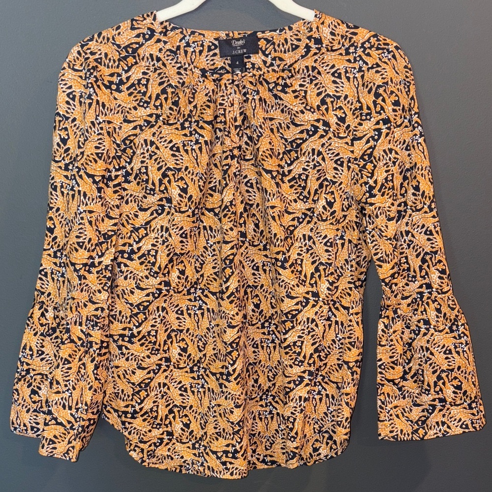 J. Crew Drakes London size 4 giraffe navy and Orange Patterned Blouse